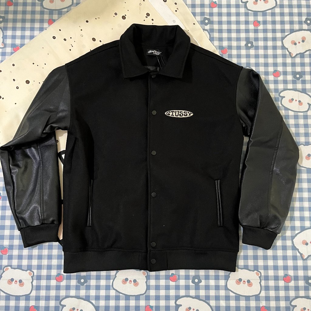 Stussy Earth Embroidery Leather Sleeve Baseball Jacket